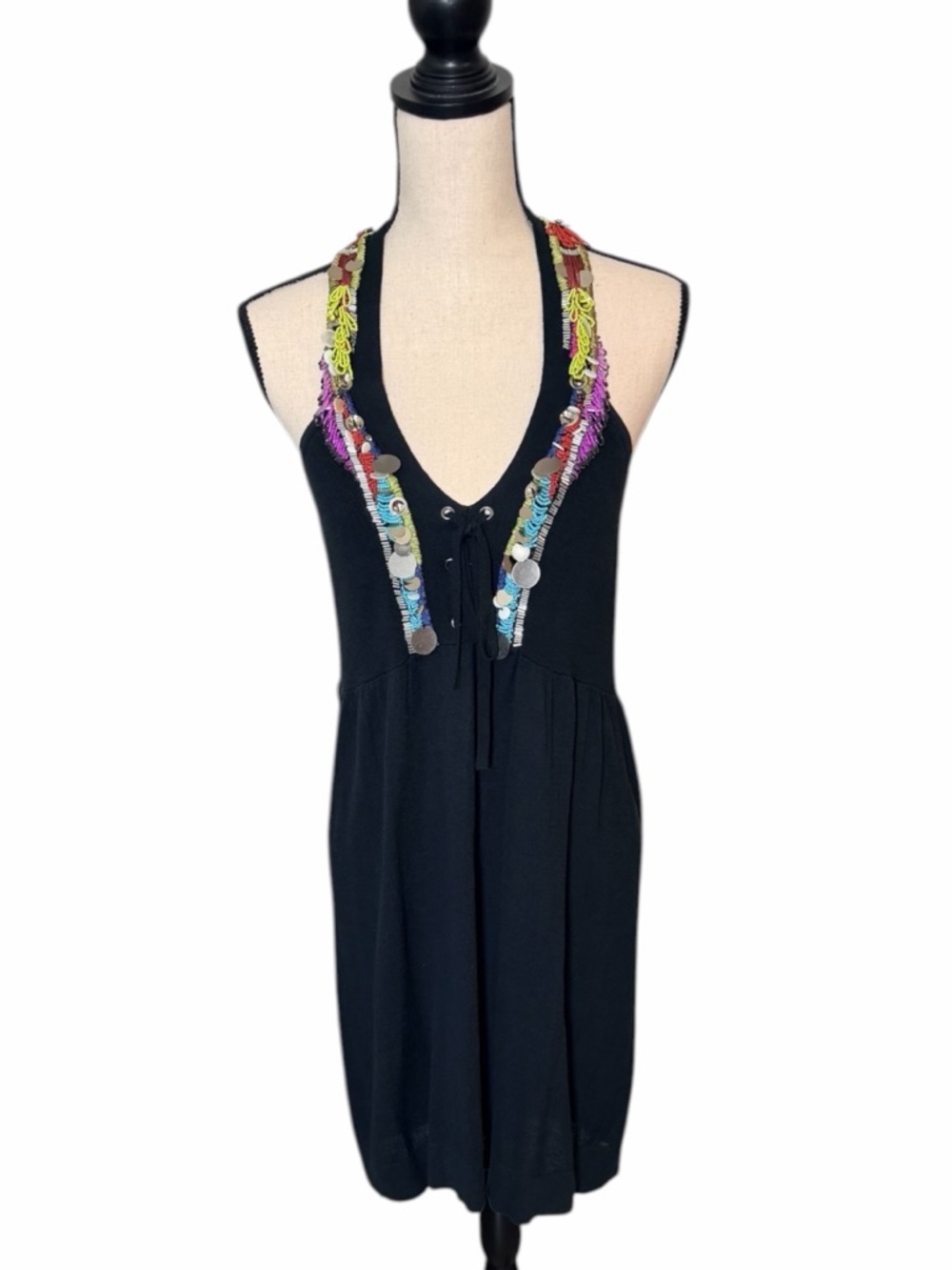Nanette Lepore Beaded Halter Festival Boho Dress w/Loaded Beading Size Medium